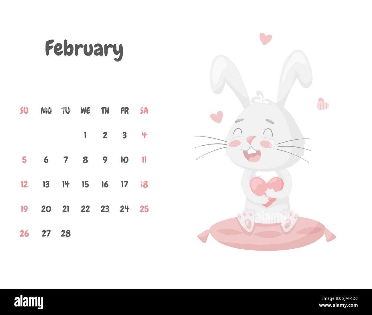 Calendario pagina per il mese di febbraio 2023 con un coniglio carino seduto su un cuscino rosa e tenendo un cuore.San Valentino giorno. Adorabile animale, charact Illustrazione Vettoriale
