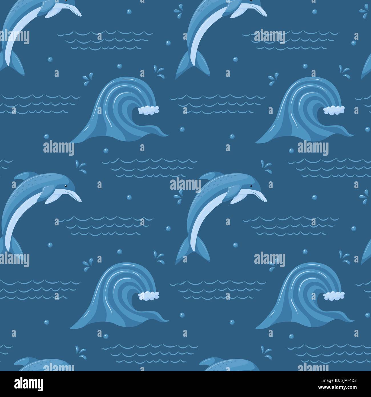 Modello senza cuciture con mare, onde oceaniche e carino delfini subacquei. Elemento marino e animale acquatico. Per l'estate, tessuti da spiaggia. Illustrazione vettoriale in un fl Illustrazione Vettoriale