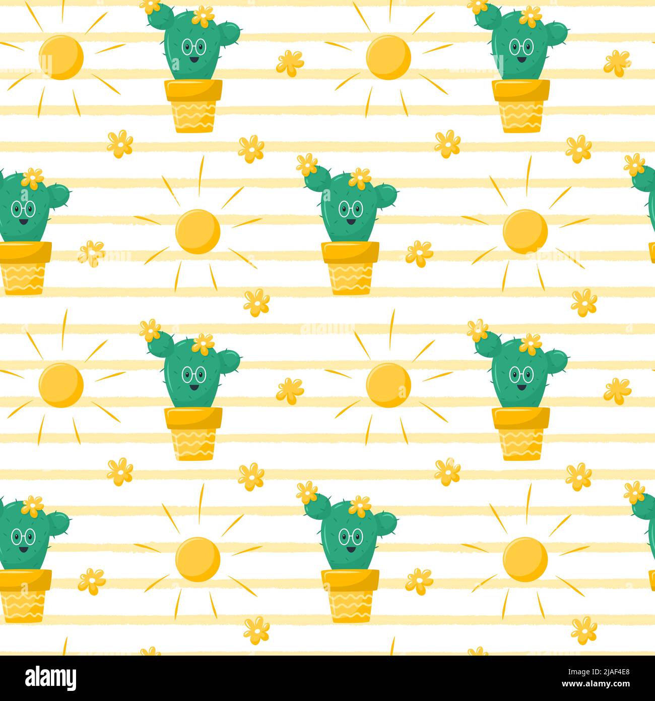 Modello senza cuciture con un simpatico cactus fiorito, un personaggio con occhiali, il sole e fiori. Illustrazioni vettoriali estive in uno stile cartoon piatto su un Illustrazione Vettoriale