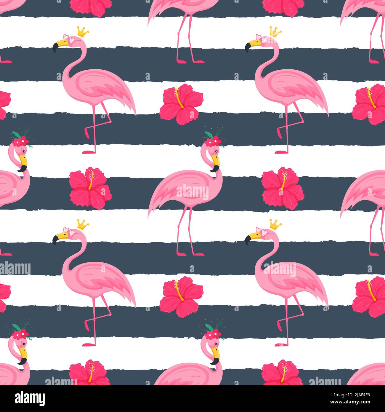 Estate senza cuciture con simpatici fenicotteri rosa in corona e occhiali da sole, fiori di ibisco. Illustrazioni vettoriali brillanti in uno stile cartoon piatto su un Illustrazione Vettoriale