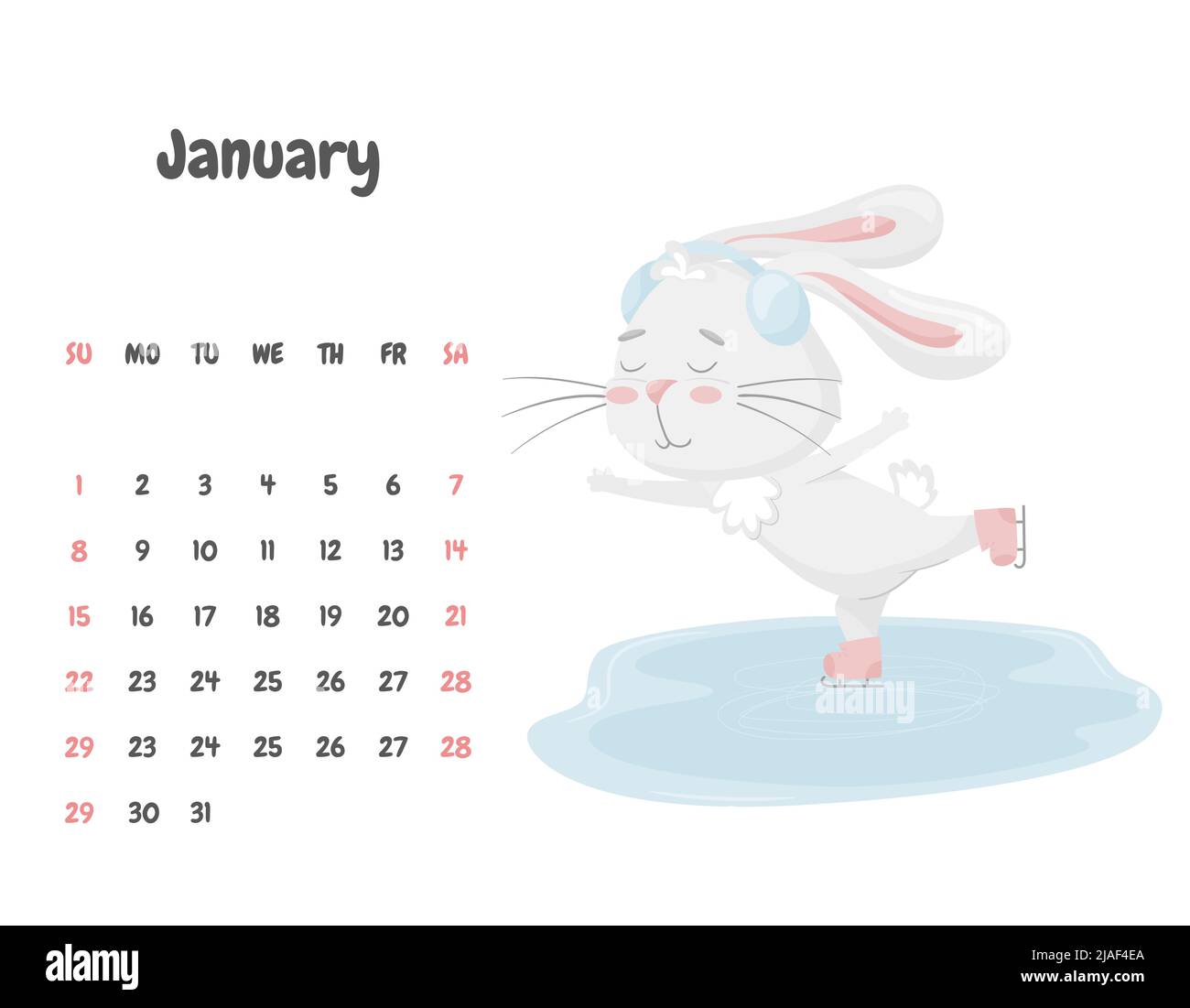 Calendario per il mese di gennaio 2023 con un simpatico coniglio pattinare su una pista di pattinaggio su ghiaccio con cuffie. Adorabile animale, un carattere di colore pastello Illustrazione Vettoriale