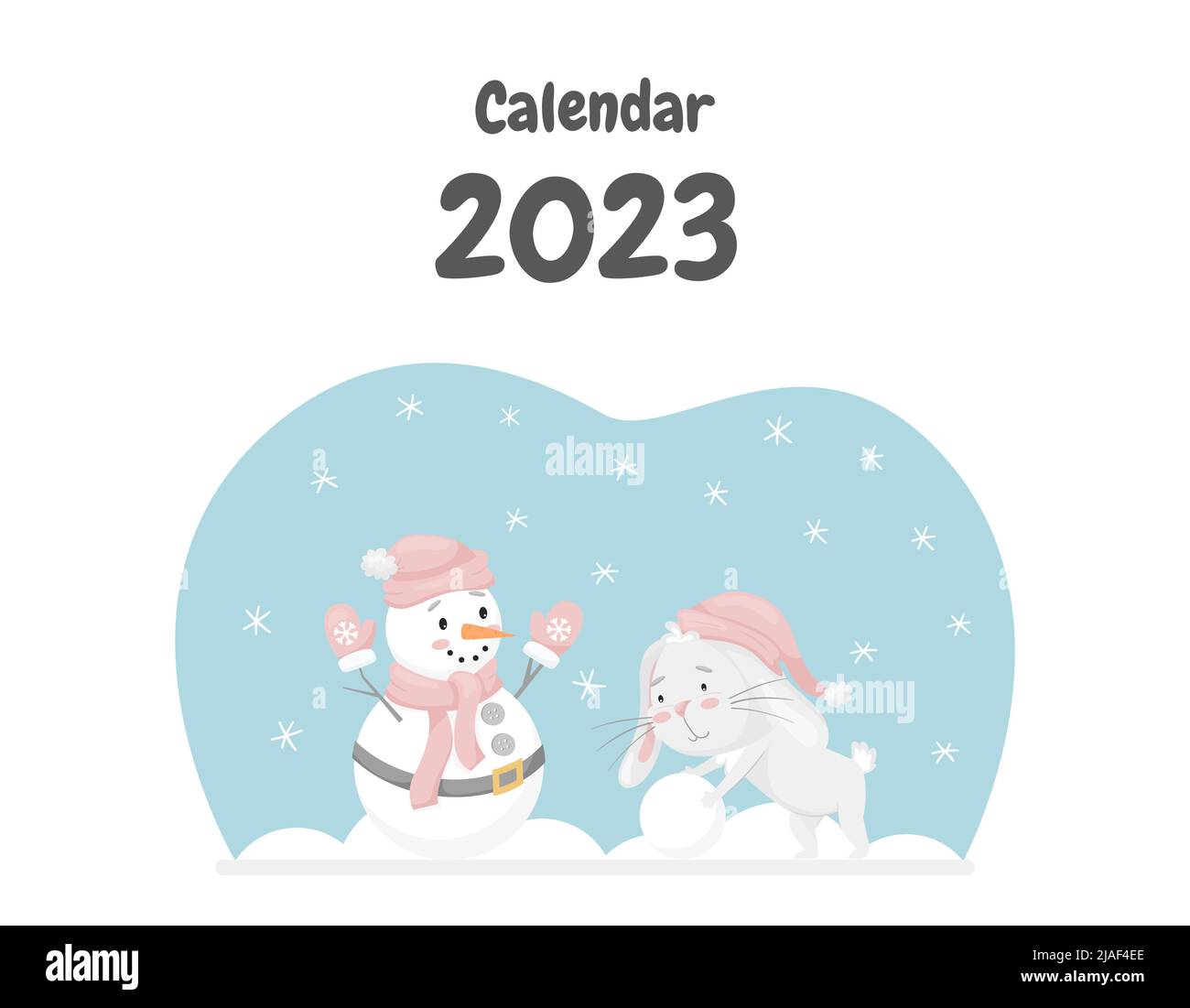 La copertina del calendario per il 2023 con un simpatico coniglio, il simbolo cinese dell'anno. Coniglio rotola una palla di neve, fa un pupazzo di neve. Attività di divertimento invernale. C Illustrazione Vettoriale