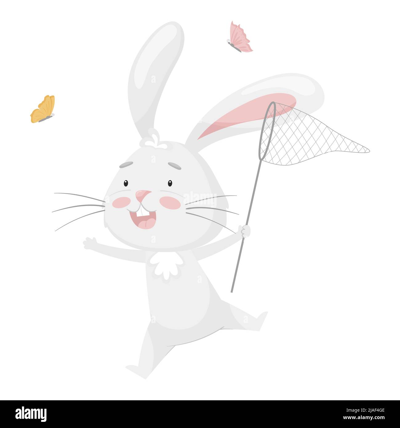 Simpatico coniglio divertente cattura farfalle con una rete. Divertimento estivo. Design per bambini. Adorabile animale, carattere in colori pastello. Per carte, vestiti, t Illustrazione Vettoriale