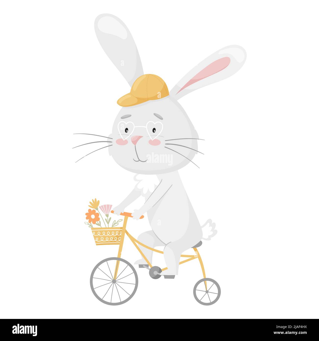 Simpatico coniglio sorridente in un cappello a cavallo di una bicicletta con un cesto di fiori. Divertimento estivo. Design per bambini. Per carte, abiti, magliette stampate. Adorabile Illustrazione Vettoriale