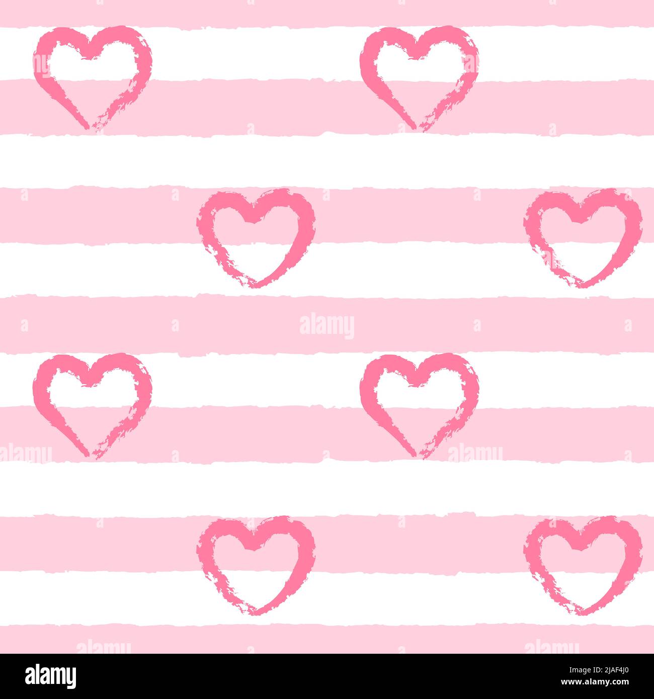 Motivo senza cuciture con ampie strisce rosa testurizzate e cuori disegnati a mano. Un'estate semplice, motivo pastello per carta da imballaggio valentine, vestiti Illustrazione Vettoriale