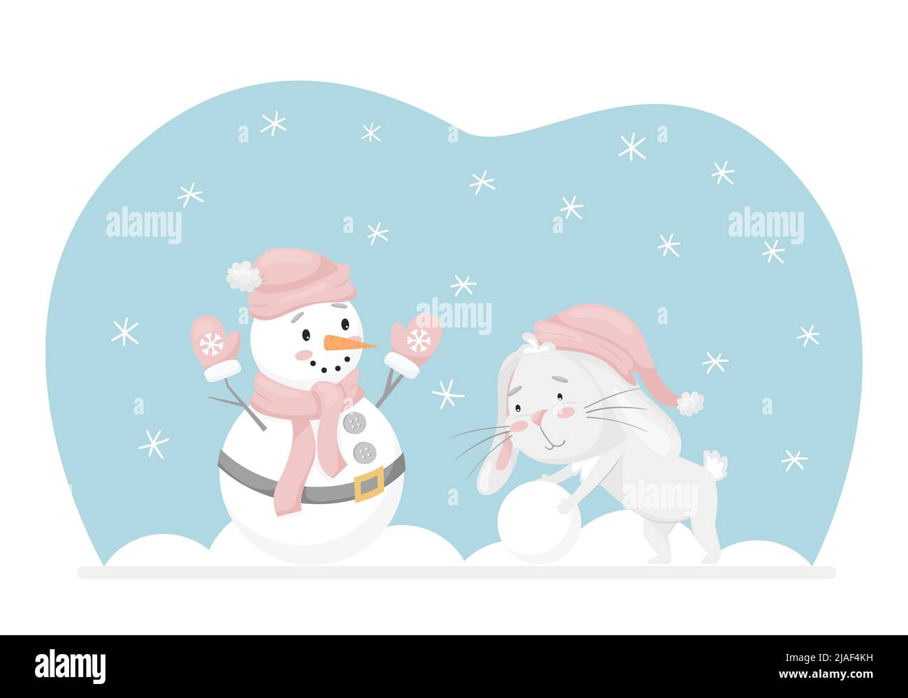 Coniglio rotola una palla di neve, fa un pupazzo di neve. Attività di divertimento invernale. Carattere adorabile in colori pastello. Kids design per carte, vestiti, web design. Childr Illustrazione Vettoriale