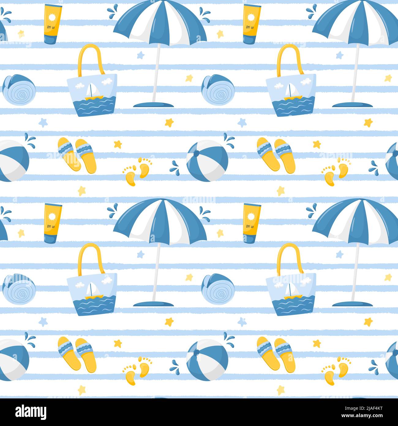 Motivo estivo senza cuciture con ombrello da spiaggia, borsa, palla, infradito e una conchiglia. Carino spiaggia vettore illustrazioni in uno stile cartoon piatto su un bianco b Illustrazione Vettoriale