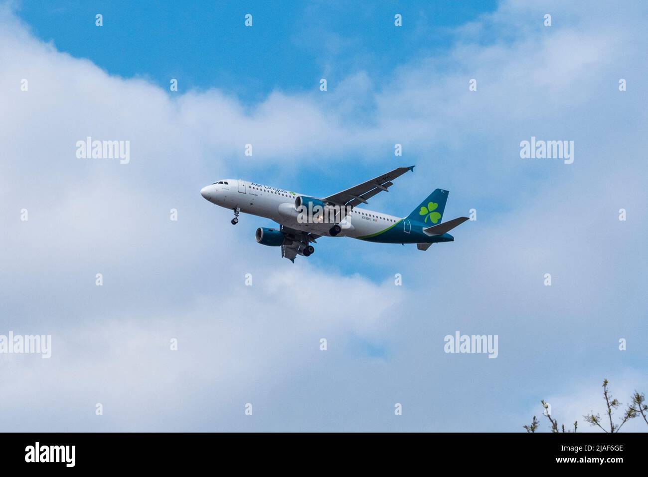 An Aer Lingus Airbus A320-200 (EI-DVL) on come raggiungere l'aeroporto di Londra Heathrow, Regno Unito. Foto Stock