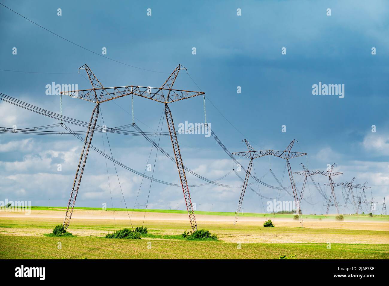 Fila di piloni di supporto della linea elettrica nei campi dell'Ucraina. Crisi energetica o concetto di rete elettrica europea Foto Stock