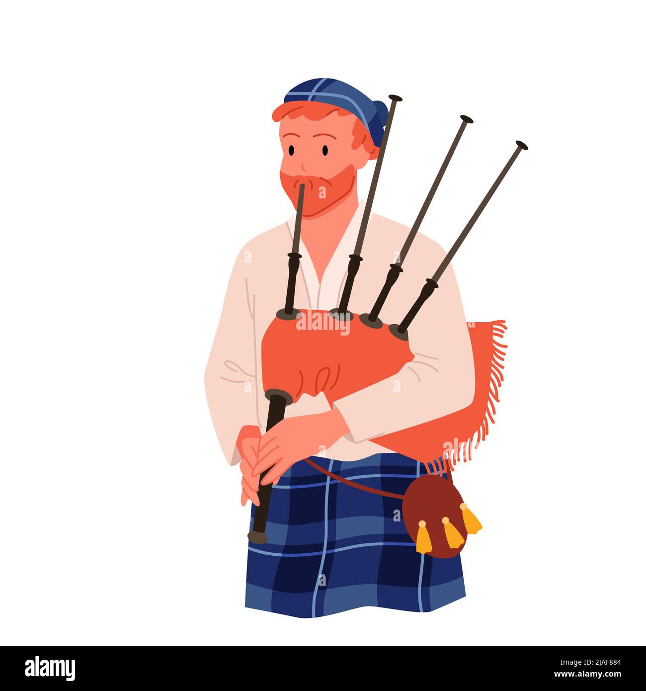 Uomo scozzese bagpiper in kilt che suona musica tradizionale melodia, scotsman con cornamusa Illustrazione Vettoriale
