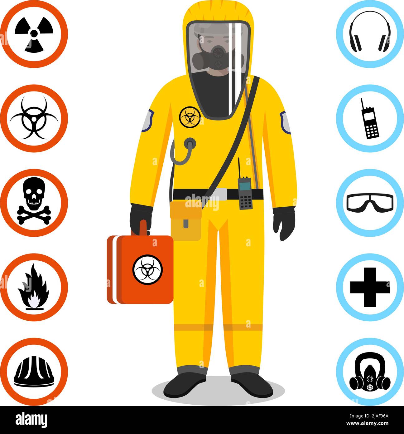 Uomo in tuta protettiva gialla in stile piatto. Professione pericolosa. Icone dei vettori per la sicurezza e la salute sul lavoro. Set di diversi segni di sostanze chimiche, ra Illustrazione Vettoriale