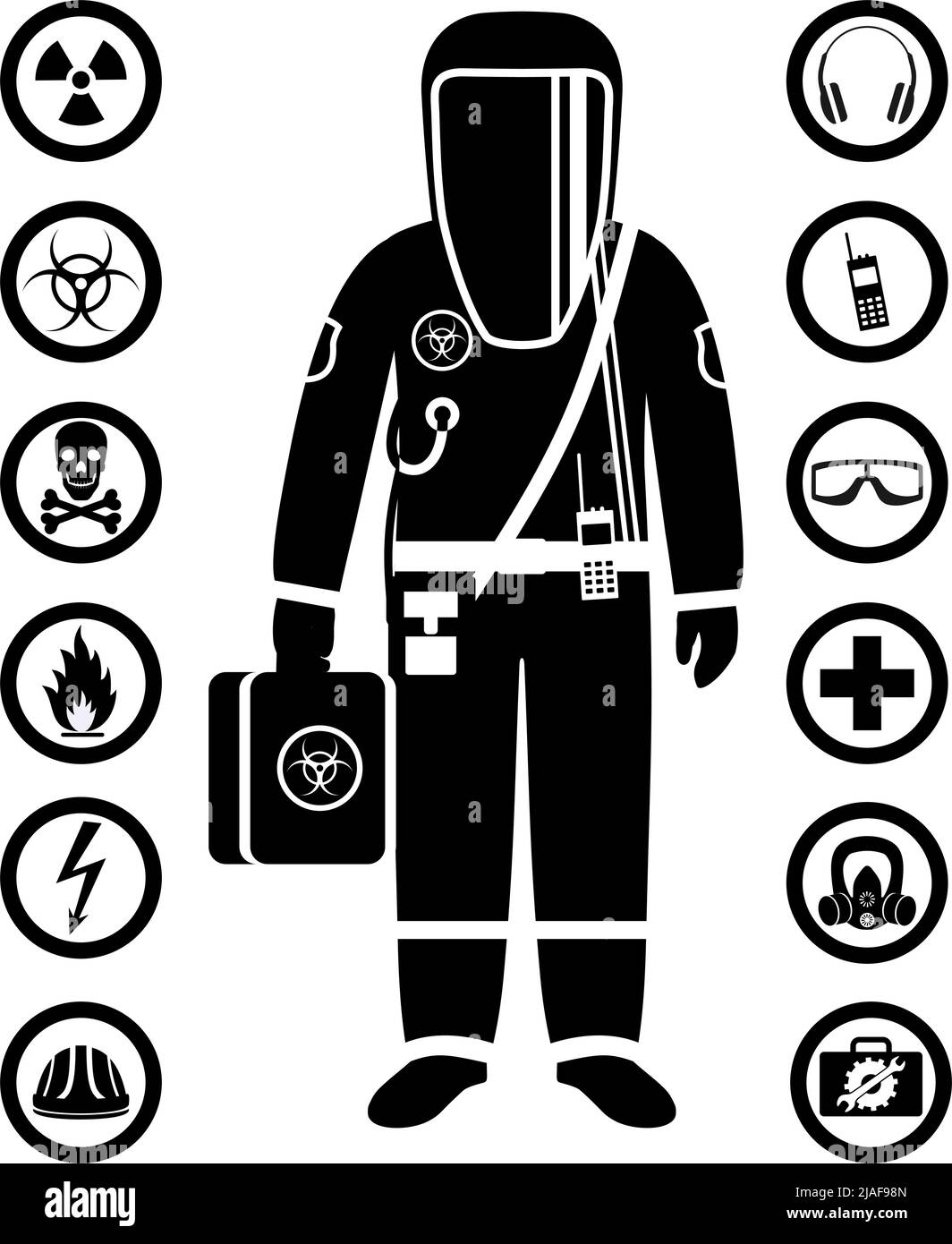 Uomo in tuta protettiva in stile piatto. Professione pericolosa. Icone dei vettori per la sicurezza e la salute sul lavoro. Set di diversi segni di sostanze chimiche, radioacti Illustrazione Vettoriale