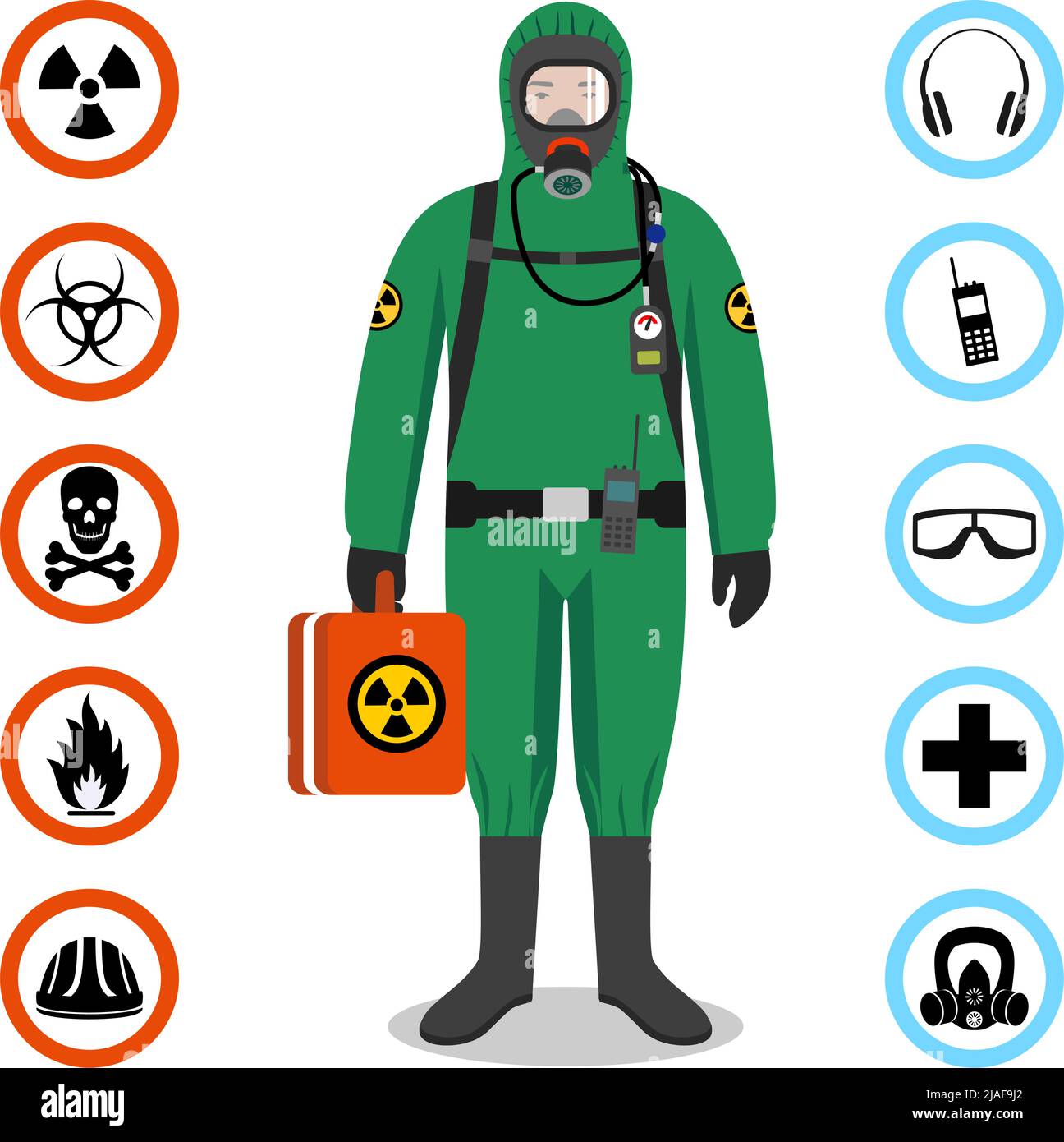 Uomo in tuta protettiva verde in stile piatto. Professione pericolosa. Icone dei vettori per la sicurezza e la salute sul lavoro. Set di diversi segni di sostanze chimiche, rad Illustrazione Vettoriale