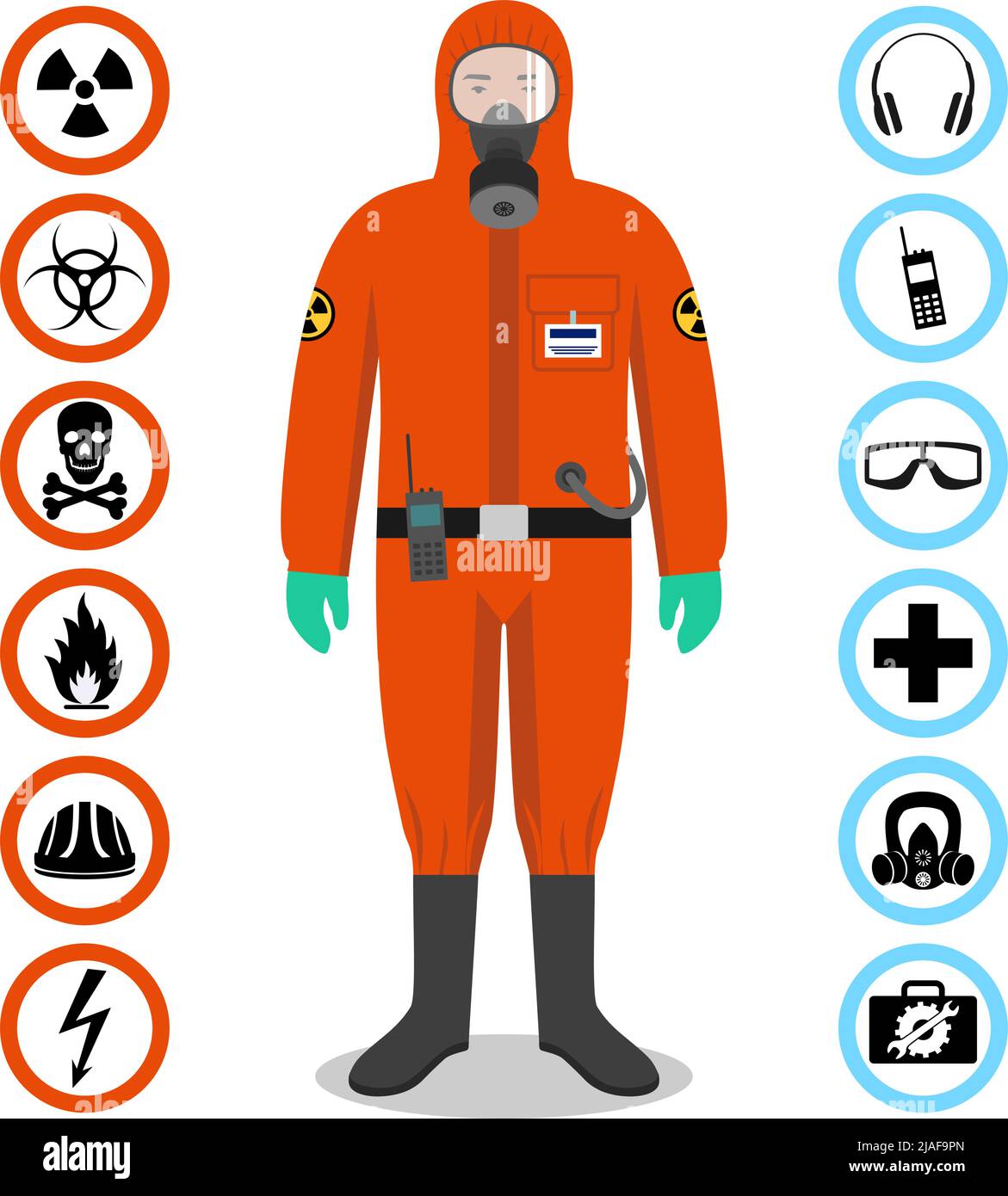 Uomo in tuta protettiva arancione in stile piatto. Professione pericolosa. Icone dei vettori per la sicurezza e la salute sul lavoro. Set di diversi segni di sostanze chimiche, ra Illustrazione Vettoriale