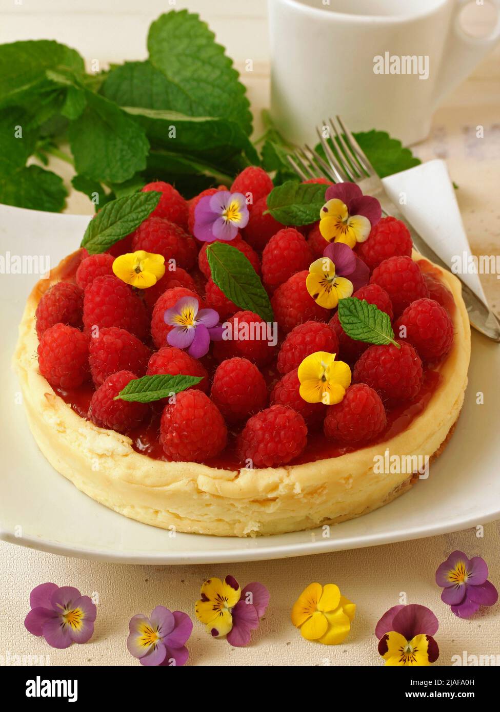Crostata di formaggio con lamponi. Foto Stock