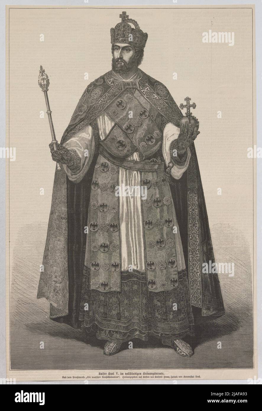 L'imperatore Karl V nell'ornamento dell'incoronazione. '. Carlo V., imperatore del Sacro Romano Impero, in piena incoronazione o. Foto Stock