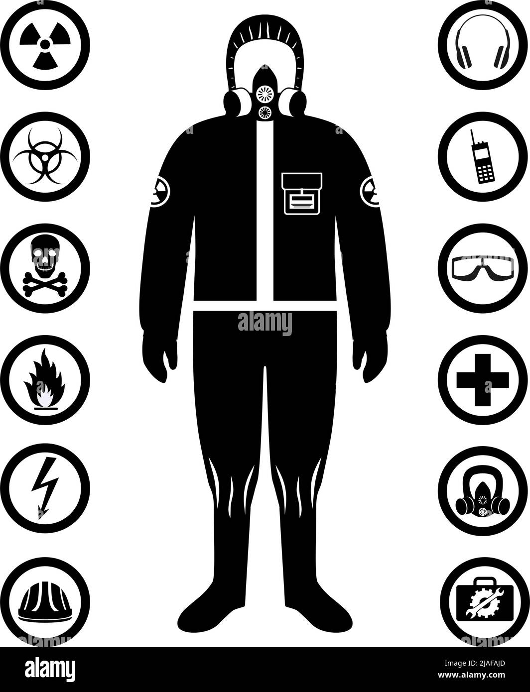 Uomo in tuta protettiva in stile piatto. Professione pericolosa. Icone dei vettori per la sicurezza e la salute sul lavoro. Set di diversi segni di sostanze chimiche, radioacti Illustrazione Vettoriale