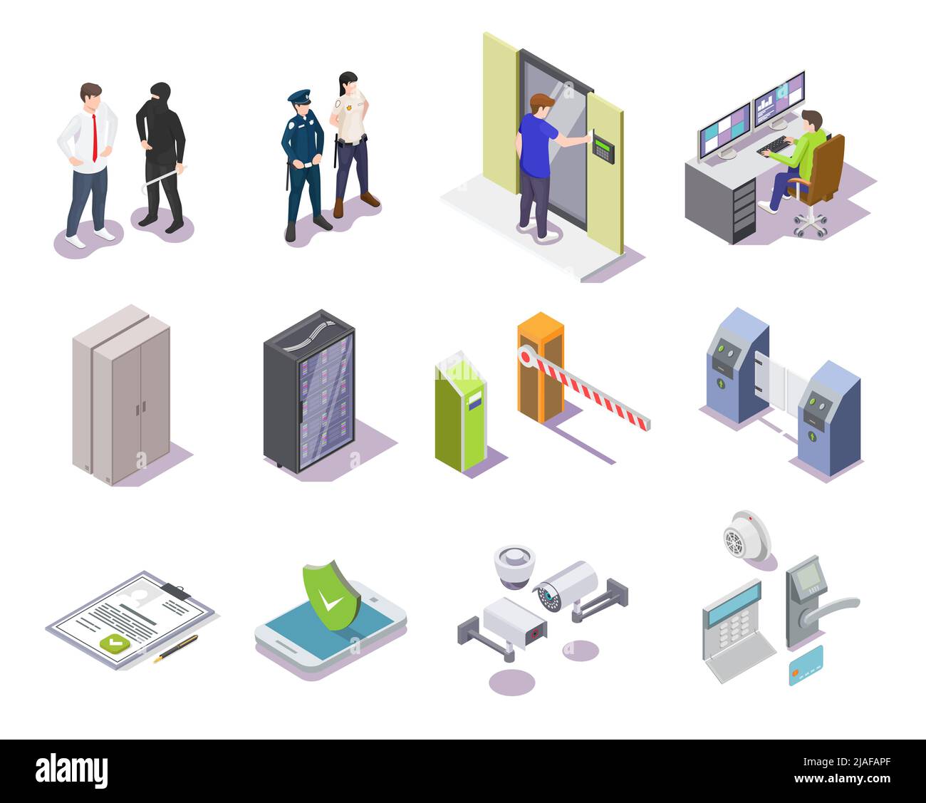 Set di vettori isometrici 3D del sistema di controllo accessi Illustrazione Vettoriale