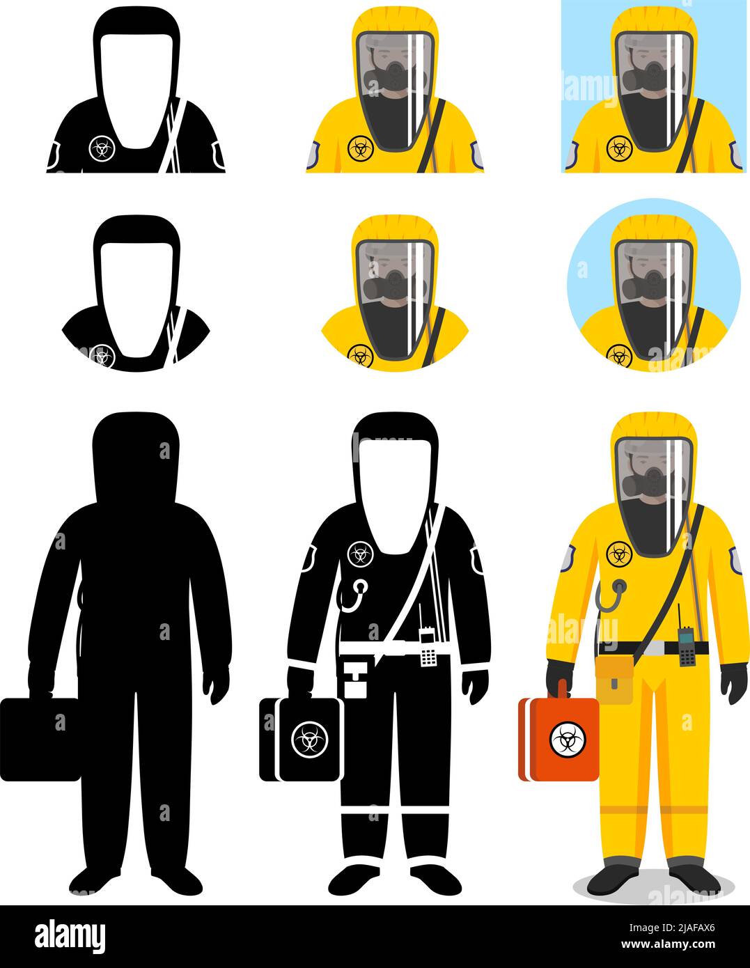 Uomo in tuta protettiva arancione in stile piatto. Professione pericolosa. Protezione da sostanze chimiche, radioattive, pericolose, tossiche, velenose, subst. pericoloso Illustrazione Vettoriale