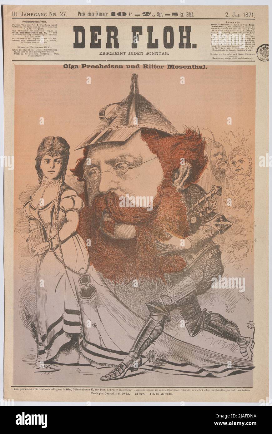 Olga Precheisen e Ritter Mosenthal. '. Olga (Lewinsky-) Precheisen come Gretchen, Salomon Hermann von Mosenthal come Faust nativo, sullo sfondo Josefine Gallmeyer come Martha Schwerdtlein e Heinrich Laube come Mephisto (pagina del titolo di' Der Floh'). Karl Klic (1841 —1926), caricaturista, Johann Tomassich, realizzazione Foto Stock