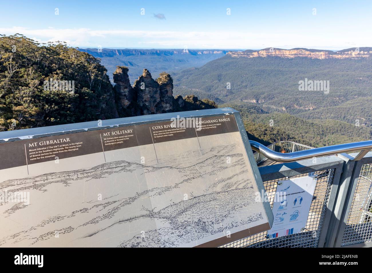 ECHO Point Katoomba, punto di informazione turistica presso il punto panoramico Three Sisters and Jamison Valley, NSW, Australia Foto Stock