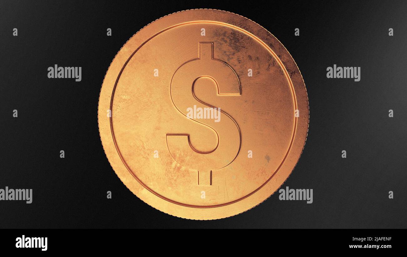 Coin Dollar Sign Shine Bright Cooper con sfondo nero Foto Stock