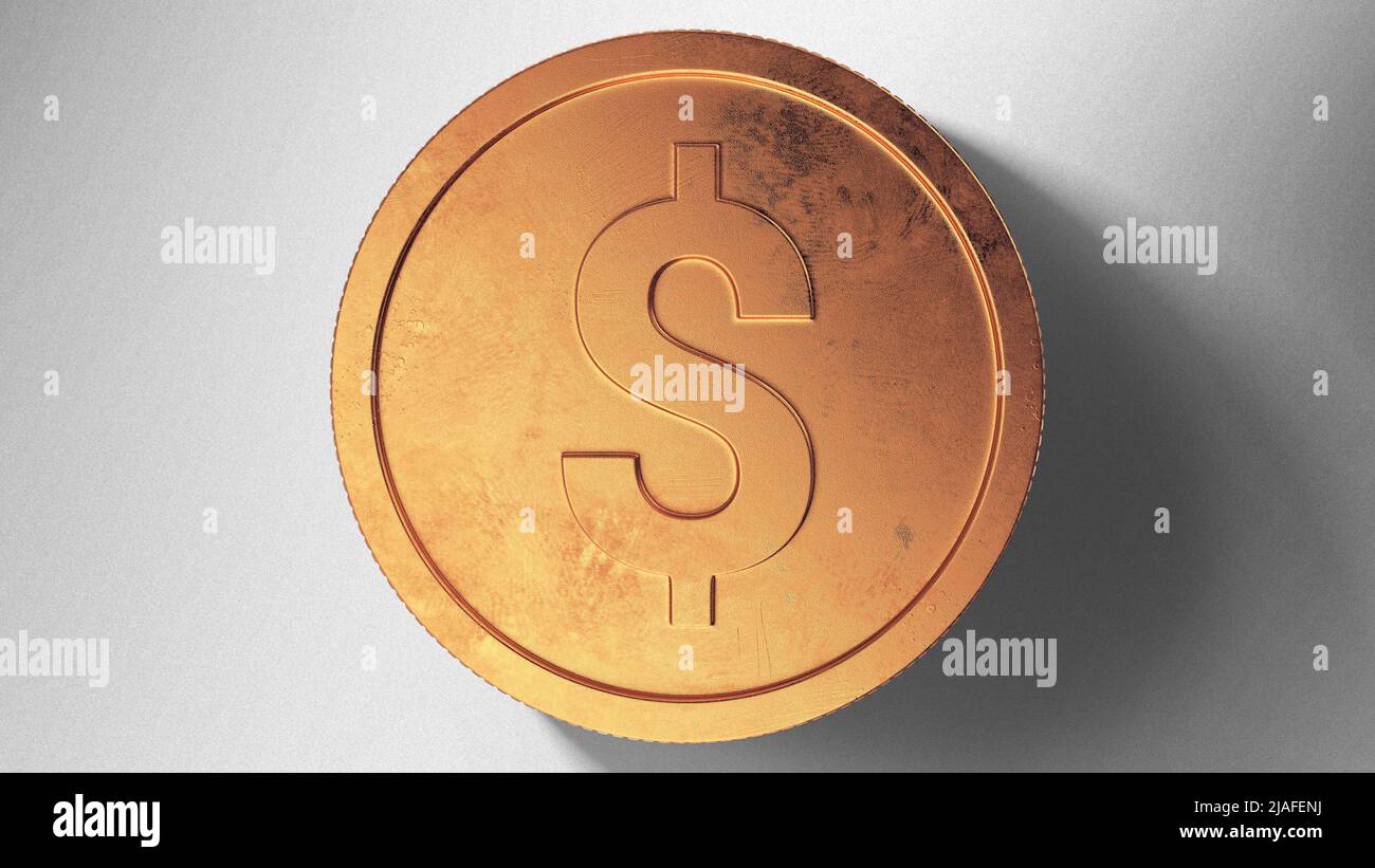 Coin Dollar Sign Shine Bright Cooper con sfondo bianco Foto Stock