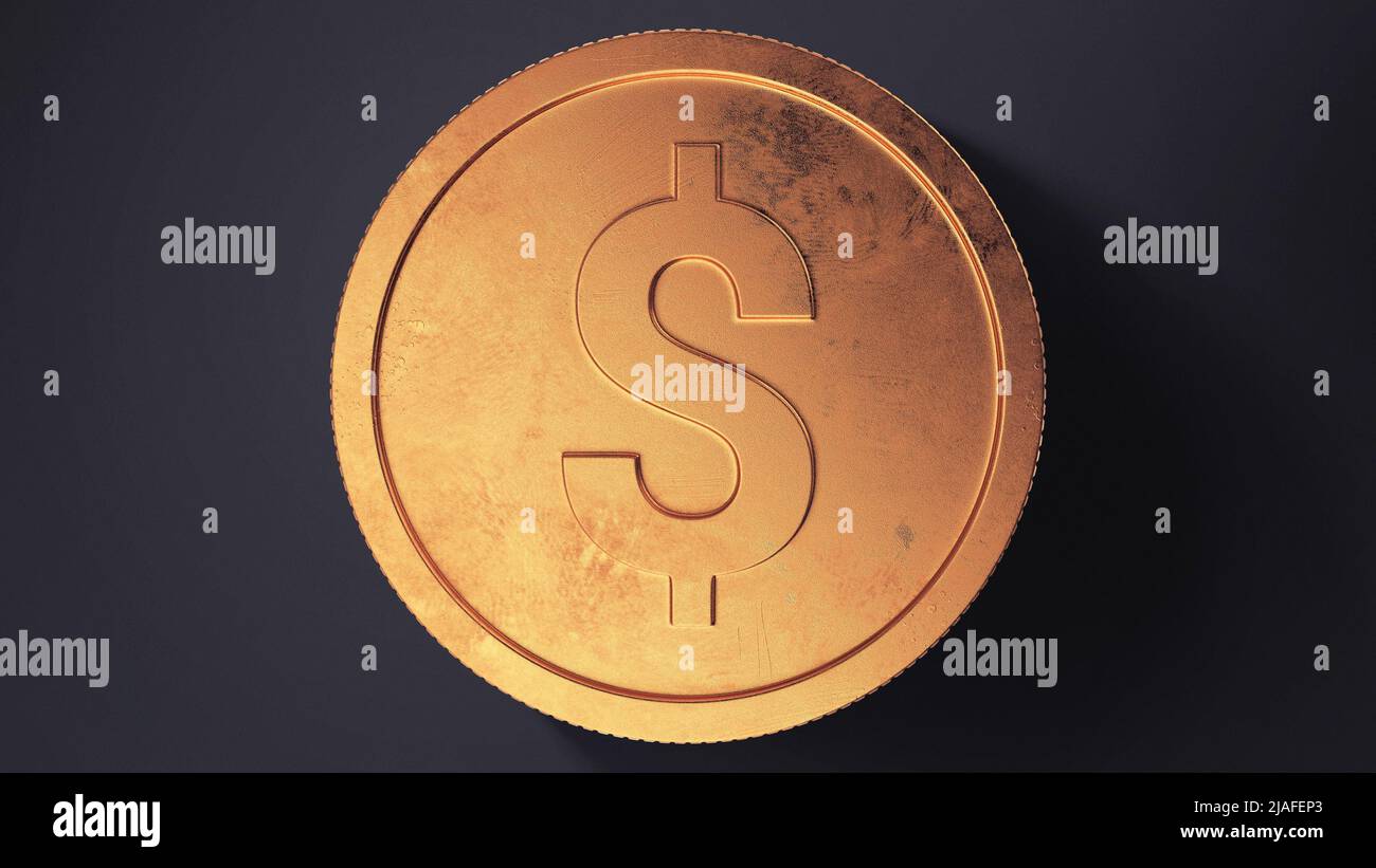Coin Dollar Sign Shine Bright Cooper con sfondo nero Foto Stock