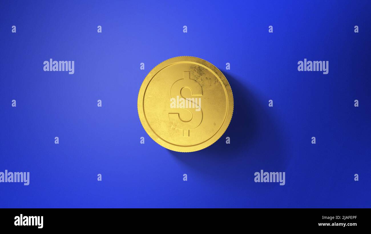 Coin Dollar Sign Shine Bright Gold con sfondo blu Foto Stock