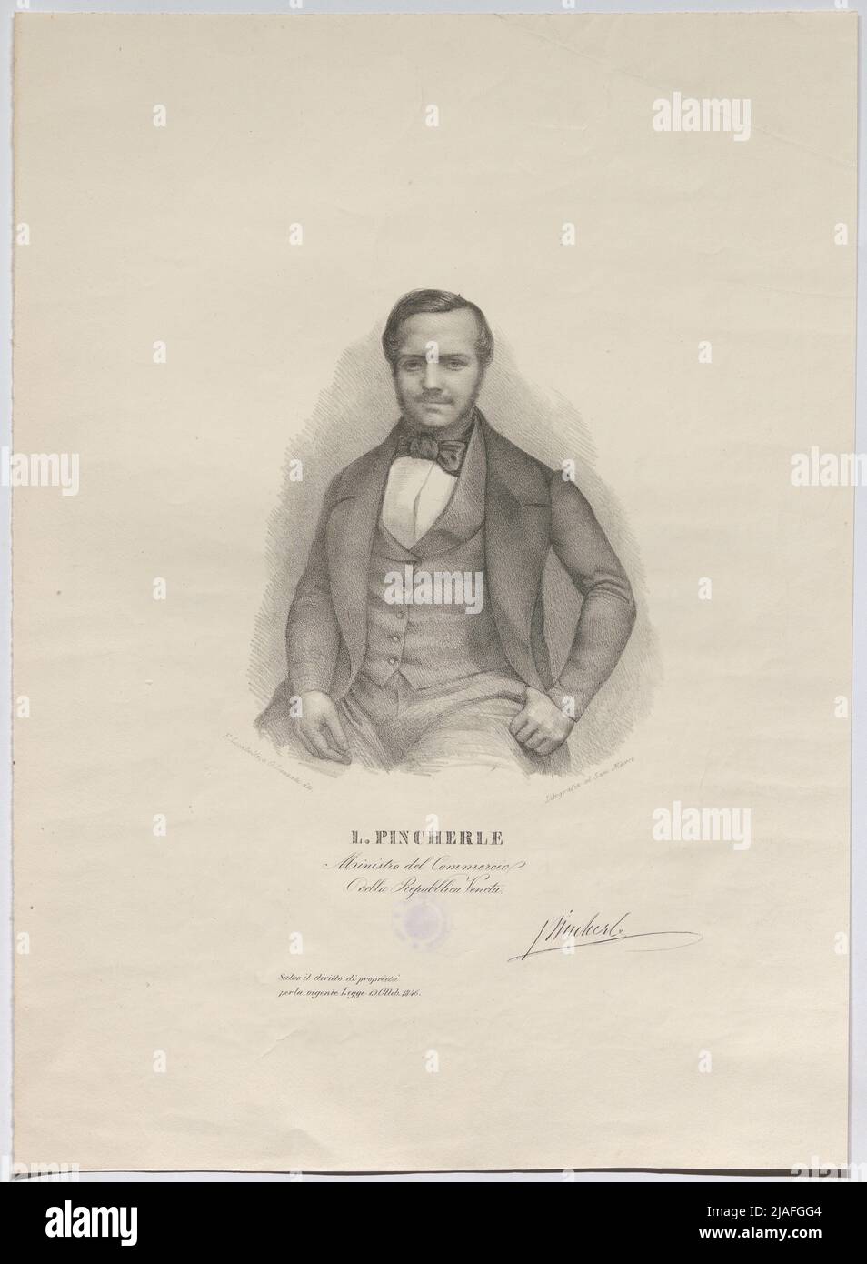 L. PINCHERLE Ministro del Commercio della Repubblica di Venezia. Ad eccezione del diritto di proprietà previsto dalla legge vigente 19. Ottob. 1846. '. Leone PINCHERLE, HandelsMinister Der Regierung Manin in veneziano Foto Stock
