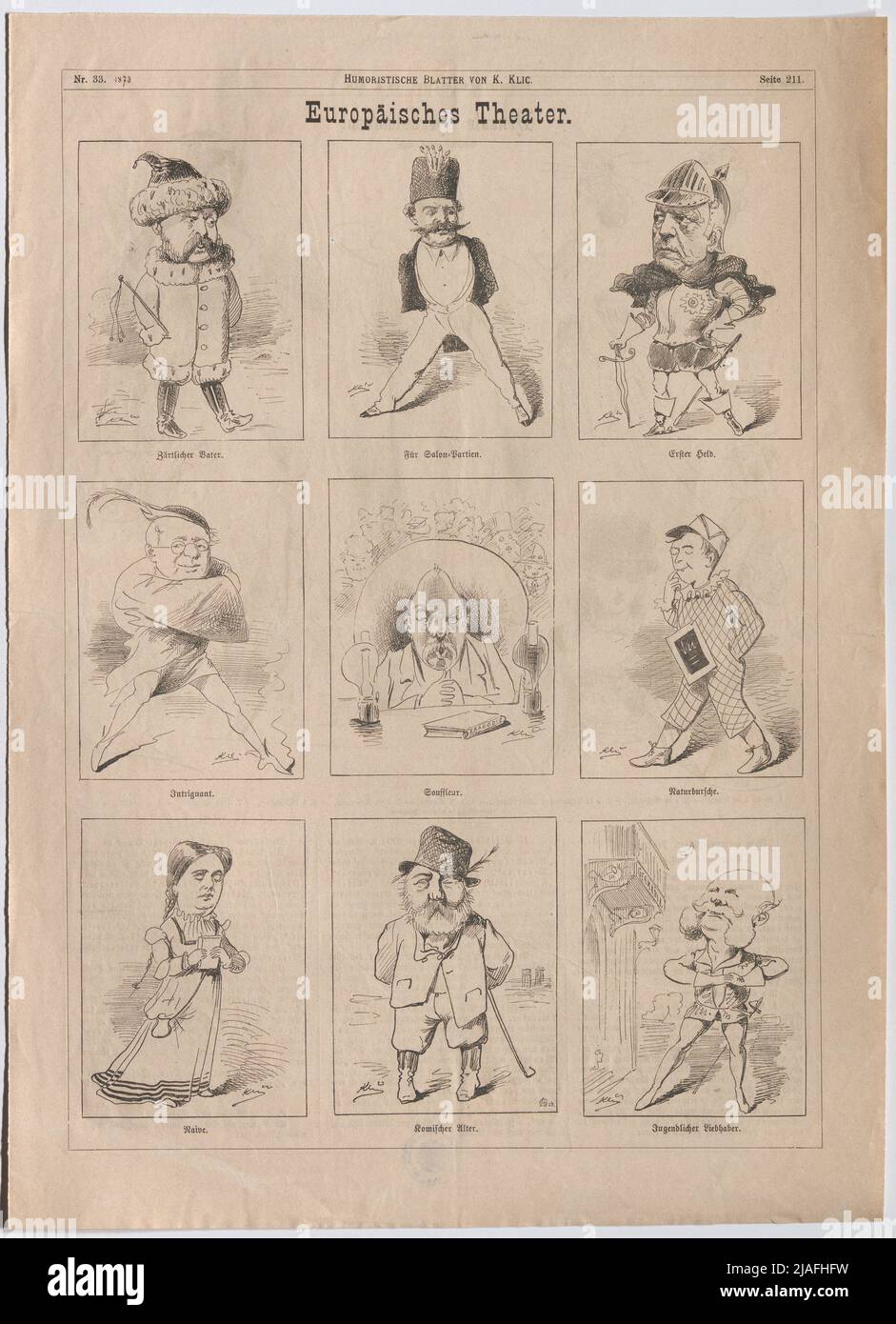 Teatro europeo '. Uomini di stato europei (e una donna) in vari temi di ruolo; e a.. ZAR Alexander II, otto von Bismarck, Kaiser Wilhelm I. ecc. (da 'foglie umorose'). Karl Klic (1841-1926), caricaturista, Carl Angerer (1838-1916), realizzazione Foto Stock