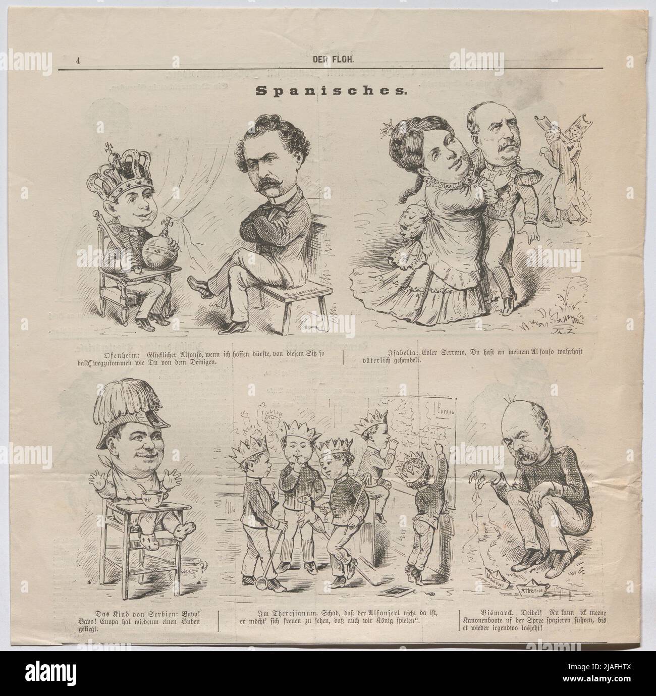 Spagnolo. '. Caricature relative all'intronizzazione di Alfons XII, re di Spagna; con Viktor Ofenheim, Isabella II, Francisco Serrano Domínguez, Milano IV. Obrenovic, otto von Bismarck (sequenza di caricature) con testo dal 'the floh'). Theodor Zasche (1862-1922), caricaturista Foto Stock