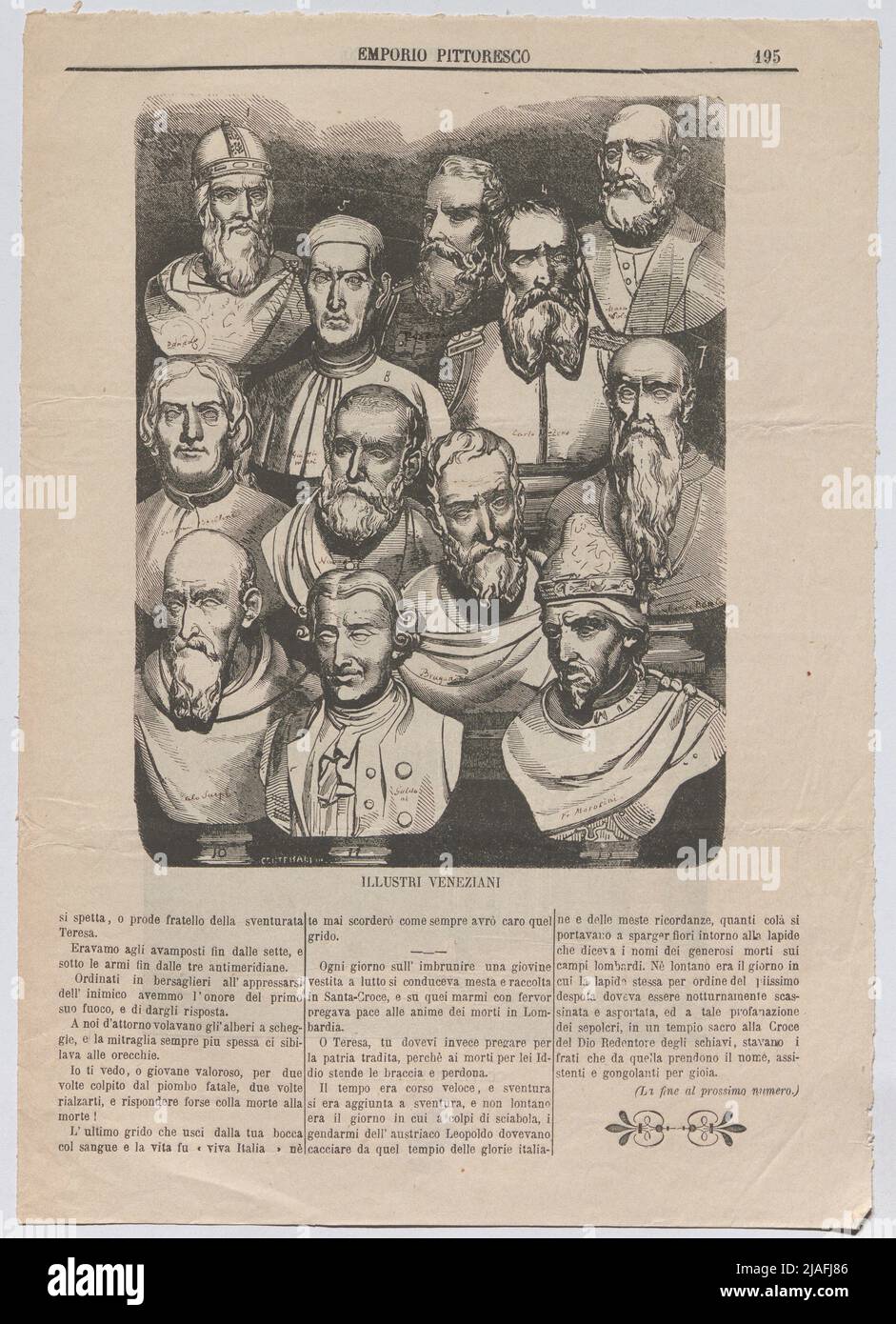 Illustri veneziani '. Büsten Berühmter Venezianer; U. A. Paolo Sarpi, Ordensmann und Historiker, Carlo Goldoni, Marosini, Generale, Ammiraglio Carlo Zeno, Giovanni Bellini, Enrico Dandolo, Vettor Pisani, Ammiraglio, Marco Polo (Aus' Painter Emporio ', Milano). Sconosciuto Foto Stock