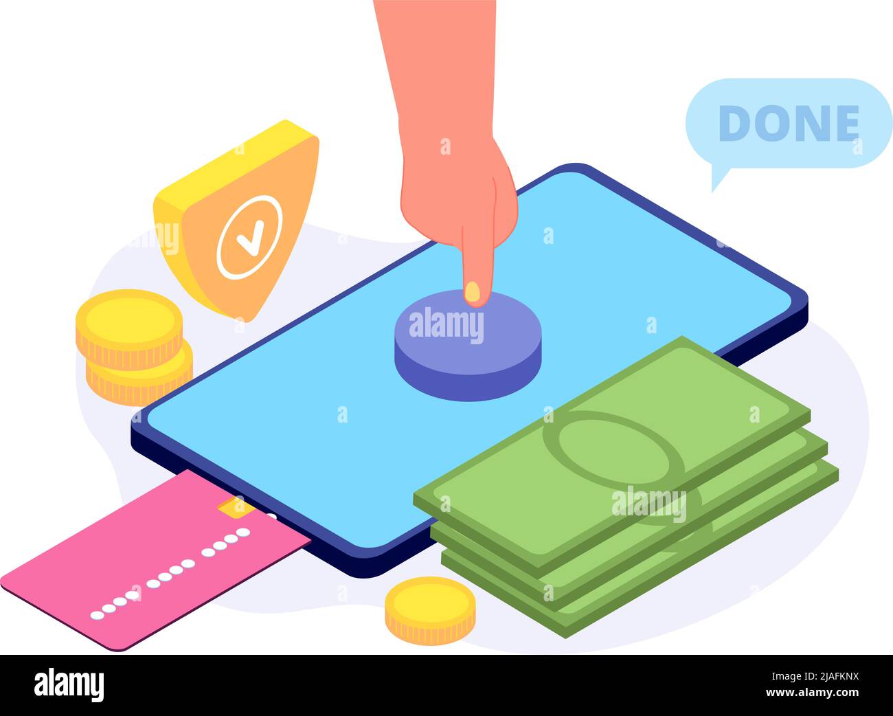 Pagamenti mobili. Pressione manuale del pulsante sullo schermo dello smartphone concetto isometrico. Scenario finanziario e bancario, denaro contante e vettore carta di credito Illustrazione Vettoriale