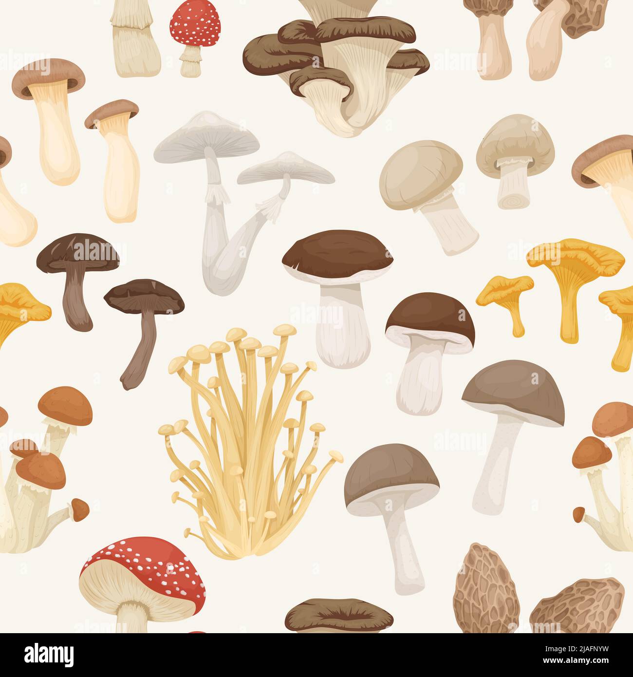 Vector Seamless Paterna con funghi imedibili, velenosi. Funghi cartoni disegnati a mano. Funghi diversi isolati su bianco. Fly Agaric Illustrazione Vettoriale
