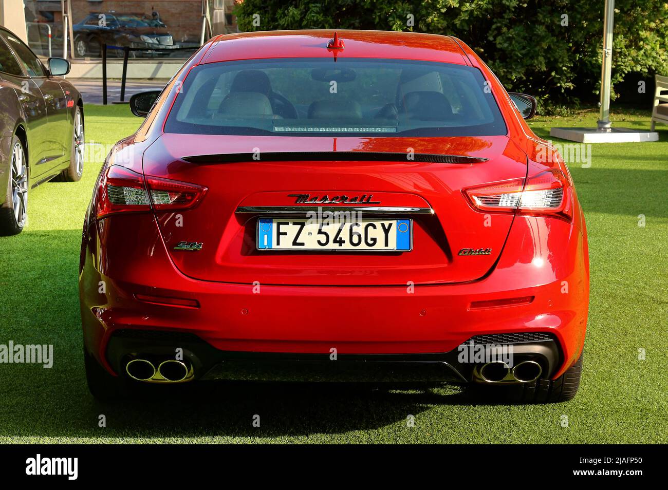 Modena, Italy, May 2022, Maserati Ghibli nello show room ufficiale della fabbrica, Salone Motor Valley 2022, dettaglio sul retro Foto Stock