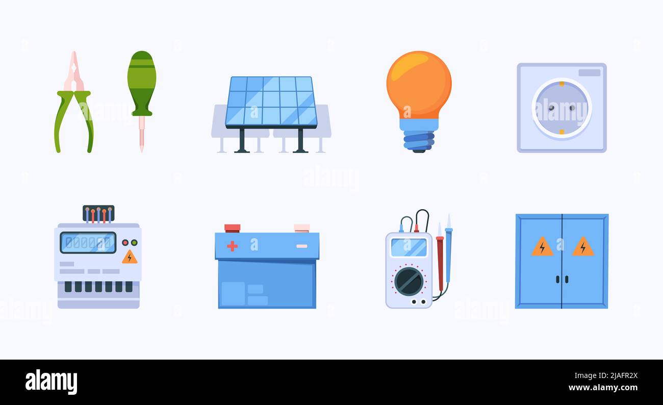 Strumenti elettrici. Le apparecchiature di alimentazione industriali illuminano i contatori elettrici dei fulmini e i simboli colorati vettoriali Illustrazione Vettoriale