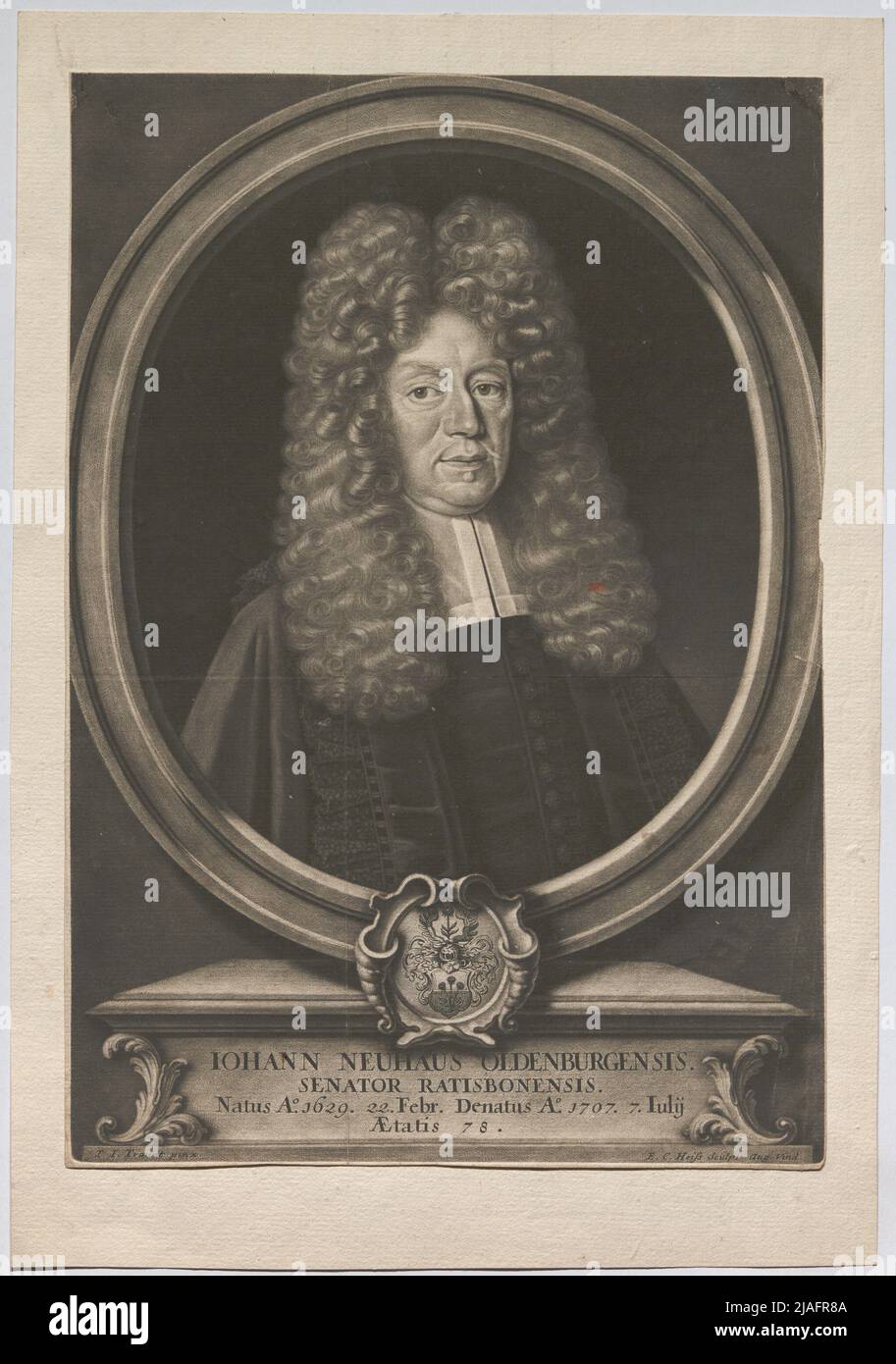 Iohann Neuhaus Oldenburgensis. Senatore Ratisbonensis. '. Johann Neuhaus Oldenburg, patrizio di Regensburg. Elias Christoph Heiß (1660-1731), artista di mezzotinta Foto Stock