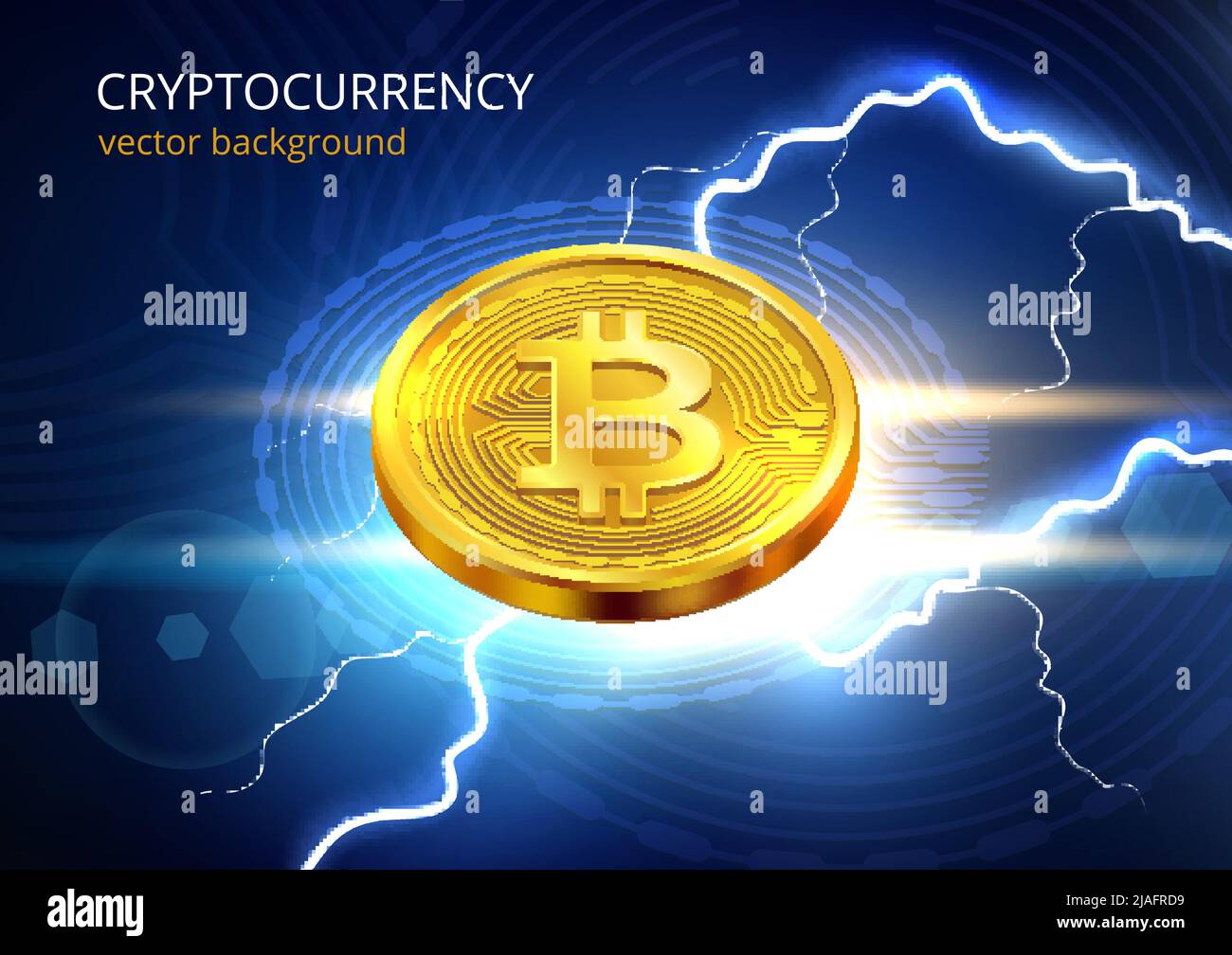 Sfondo Bitcoin. Futuro blockchain tecnologia web scintilla monete incandescente vettore decente astratto criptocurrency template Illustrazione Vettoriale