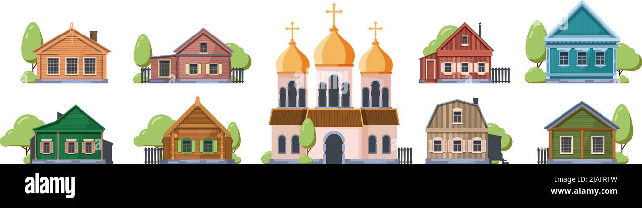 Vecchio villaggio russo. Case a file in legno tradizionale stile autentico vintage urss costruzione Garish vettore edifici set Illustrazione Vettoriale