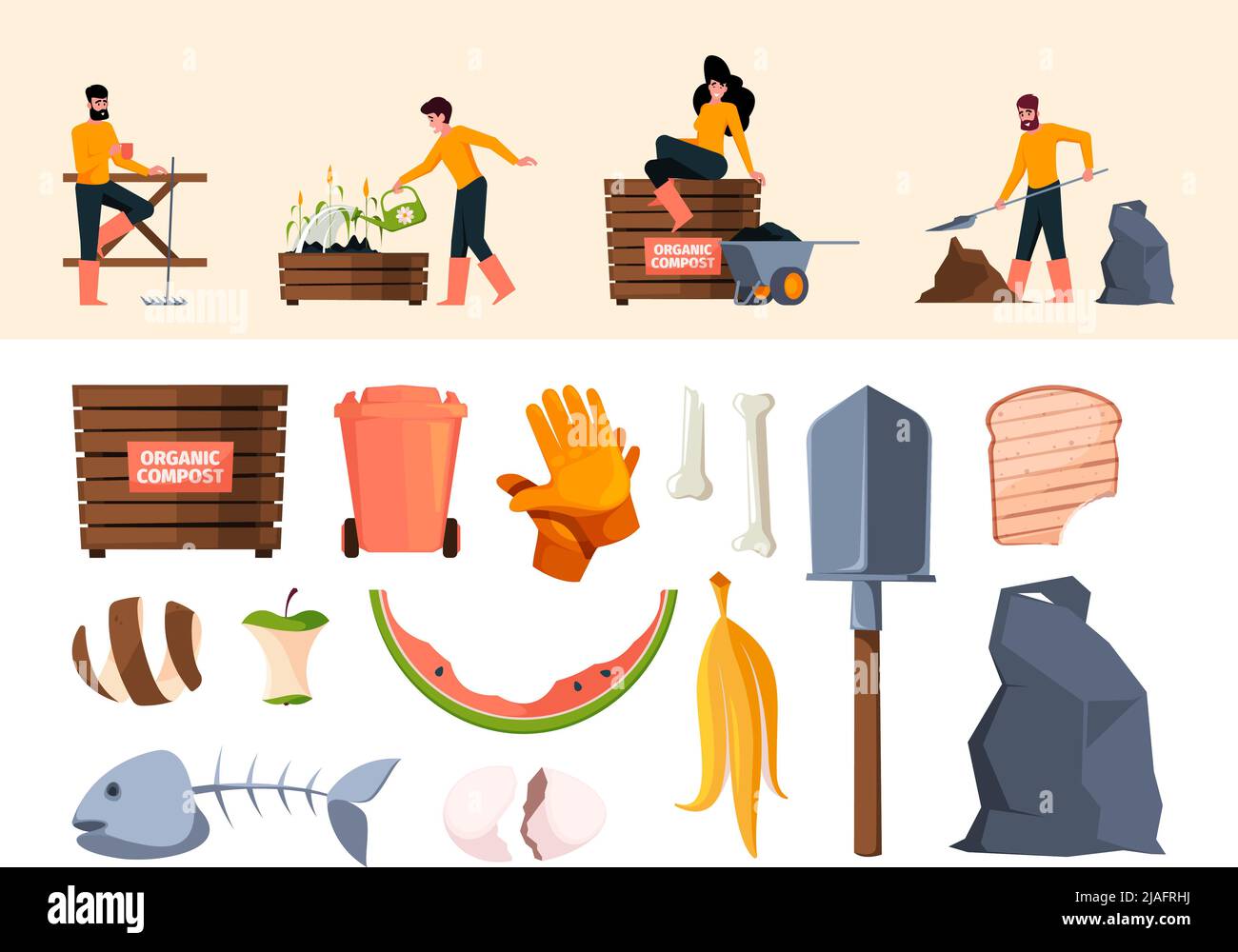 Produzione di compost. Le persone che utilizzano i prodotti naturali di bio-fertilizzante compost processi di garish vettore flat caratteri agricoli Illustrazione Vettoriale