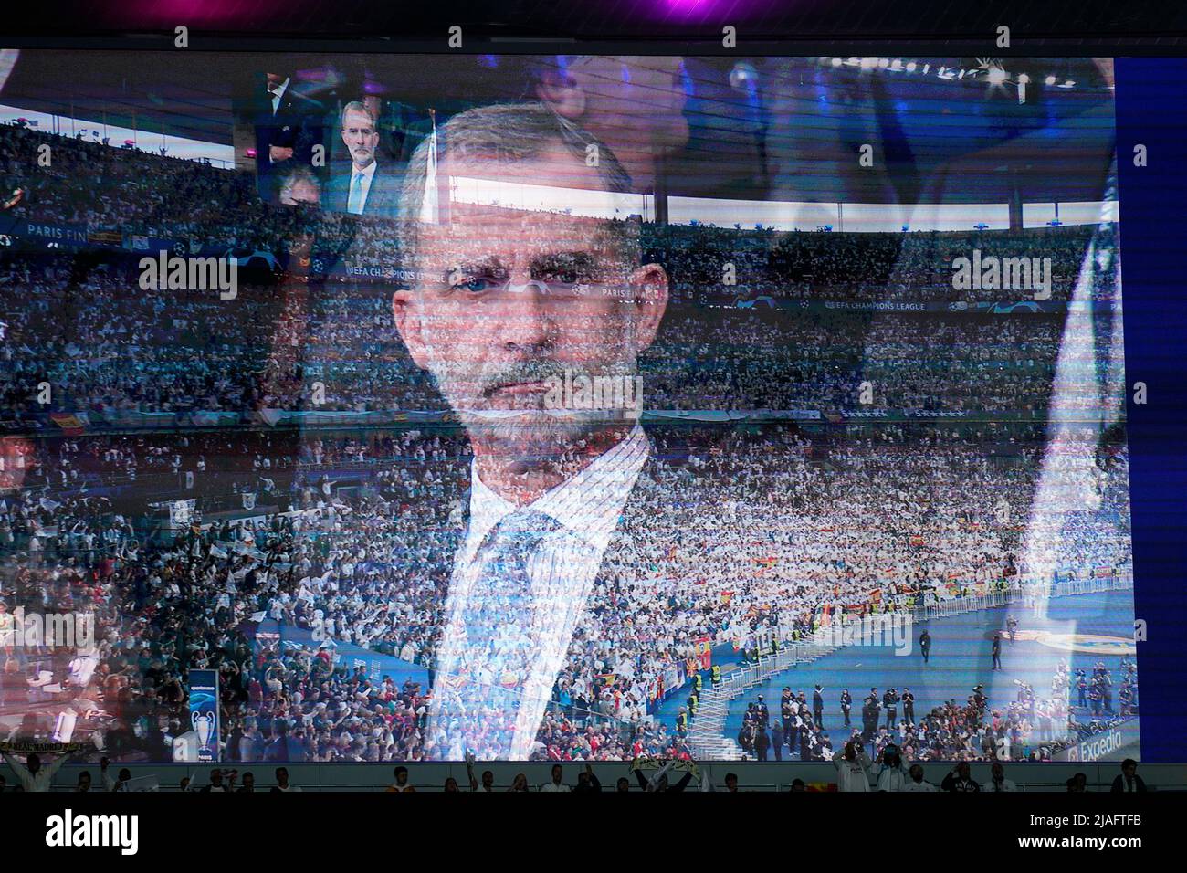 SM El Rey Felipe VI durante la partita finale della UEFA Champions League tra Liverpool FC e Real Madrid disputata allo Stade de France il 28 maggio 2022 a Parigi, Francia. (Foto / Magma) Foto Stock