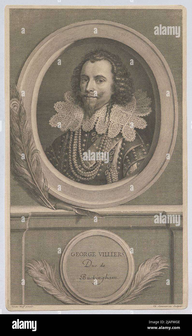 George Villiers, Duc de Buckingham. '. George Villiers, 1. Duca di Buckingham, diplomatico inglese e statista. Charles Louis Simonneau (1645-1728), incisore di rame, dopo: Adriaen van der Werff (1659-1722), artista Foto Stock