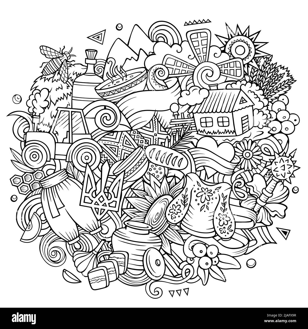 Illustrazione di fumetto ucraino. Divertente disegno ucraino. Background vettoriale creativo con elementi e oggetti del paese europeo. Linea art composit Illustrazione Vettoriale