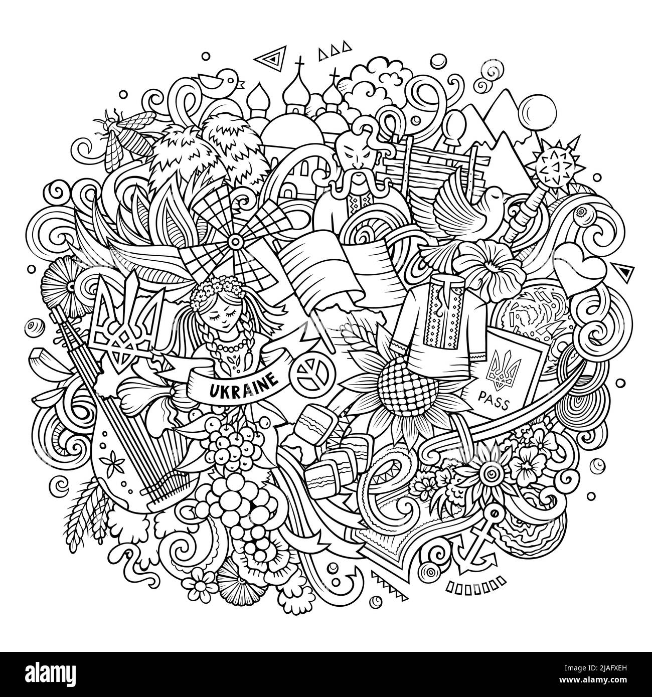 Illustrazione di fumetto ucraino. Divertente disegno ucraino. Background vettoriale creativo con elementi e oggetti del paese europeo. Linea art composit Illustrazione Vettoriale