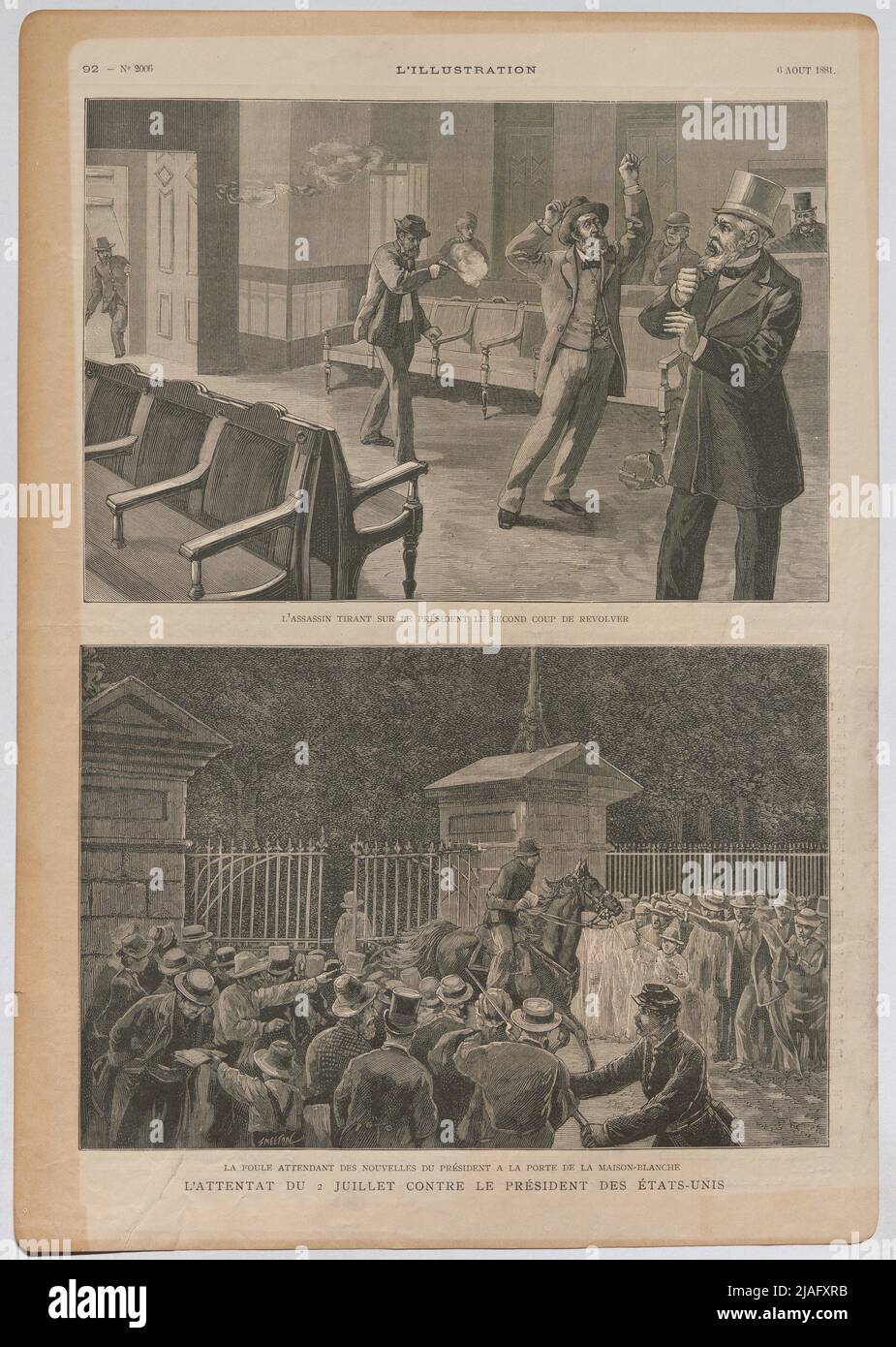 L'Assassin che tira il secondo colpo dal presidente; la folla in attesa di notizie dal presidente alla porta della Casa Bianca; (...) '. Das Attack vom 2. Juli auf den amerikanischen präsidenten James A. Garfield; Menschenauflauf Vor DEM Weißen Haus (illustrazione di Aus). Sconosciuto Foto Stock