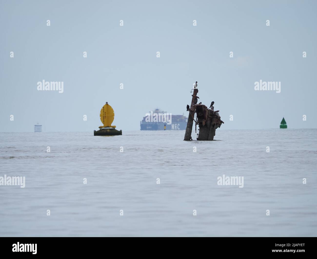 Sheerness, Kent, Regno Unito. 30th maggio 2022. Foto da vicino del naufragio del Tamigi SS Richard Montgomery 1,5 miglia da Sheerness, Kent - il naufragio più pericoloso del Regno Unito (affondando con 1400 tonnellate di esplosivi nell'agosto 1944). I tre montanti della nave saranno interrati con lavori che inizieranno a giugno. Foto prese alcune ore prima dell'alta marea. Una nave container nella corsia di spedizione del Tamigi può essere vista in background. Credit: James Bell/Alamy Live News Foto Stock