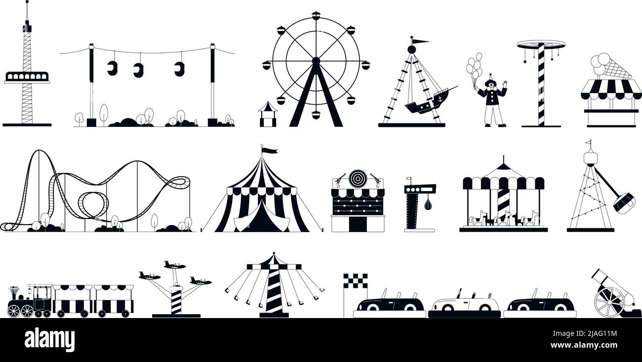 Parco divertimenti. Giostra, giro su ruote e montagne russe. Circo e icone fiere, carnevale o festival della città di intrattenimento. Vettore recente Illustrazione Vettoriale