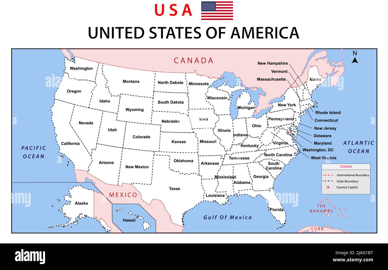 Mappa degli Stati Uniti. Mappa politica degli Stati Uniti d'America. Mappa  USA con i nomi e i confini dei paesi vicini Immagine e Vettoriale - Alamy