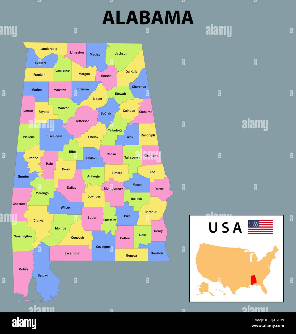 Mappa dell'Alabama. Mappa del distretto di Alabama nel 2020. Mappa del distretto di Alabama a colori con la capitale. Illustrazione Vettoriale